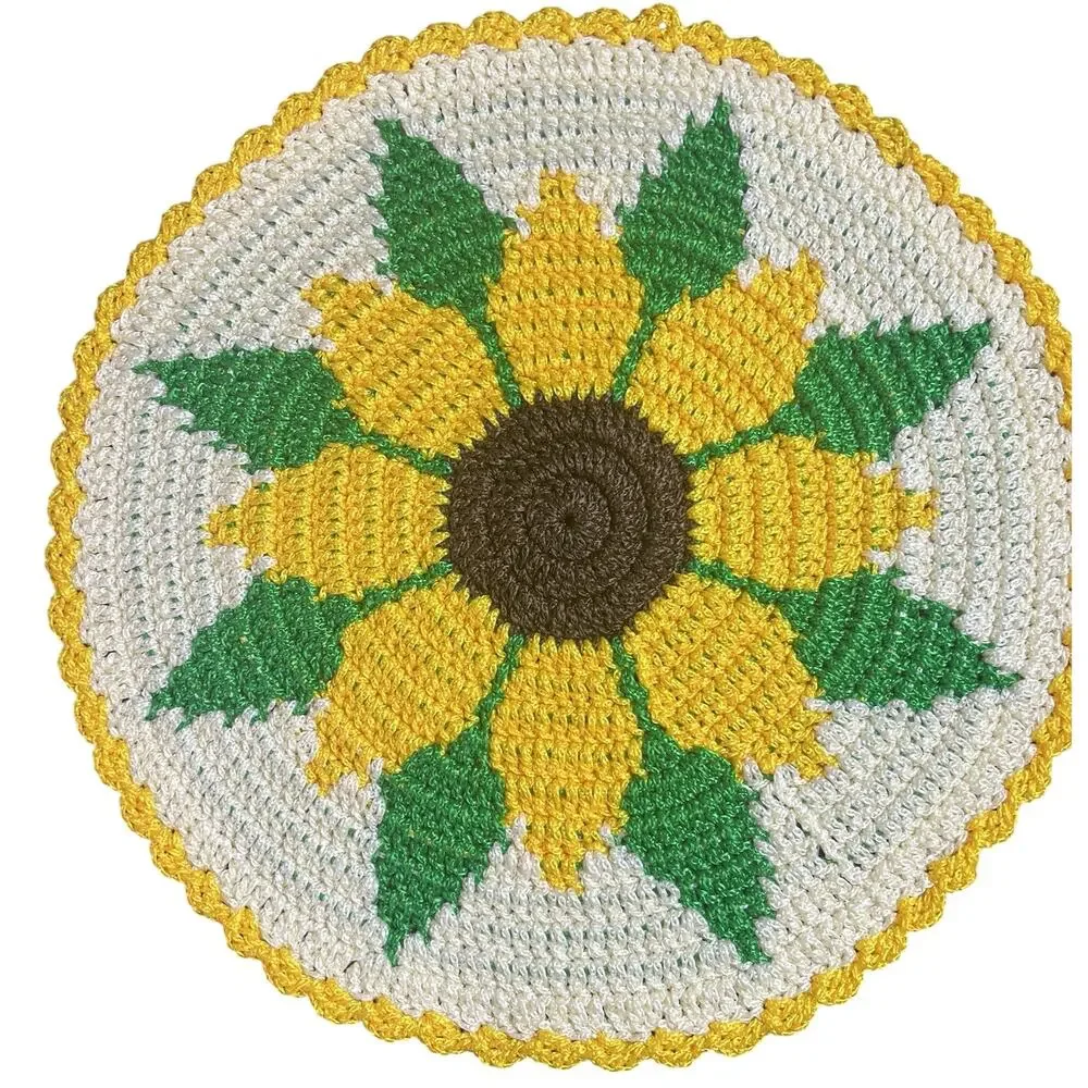 Set of 4 Handmade Crochet Floral Placemats Round Yellow Cream Green 13
